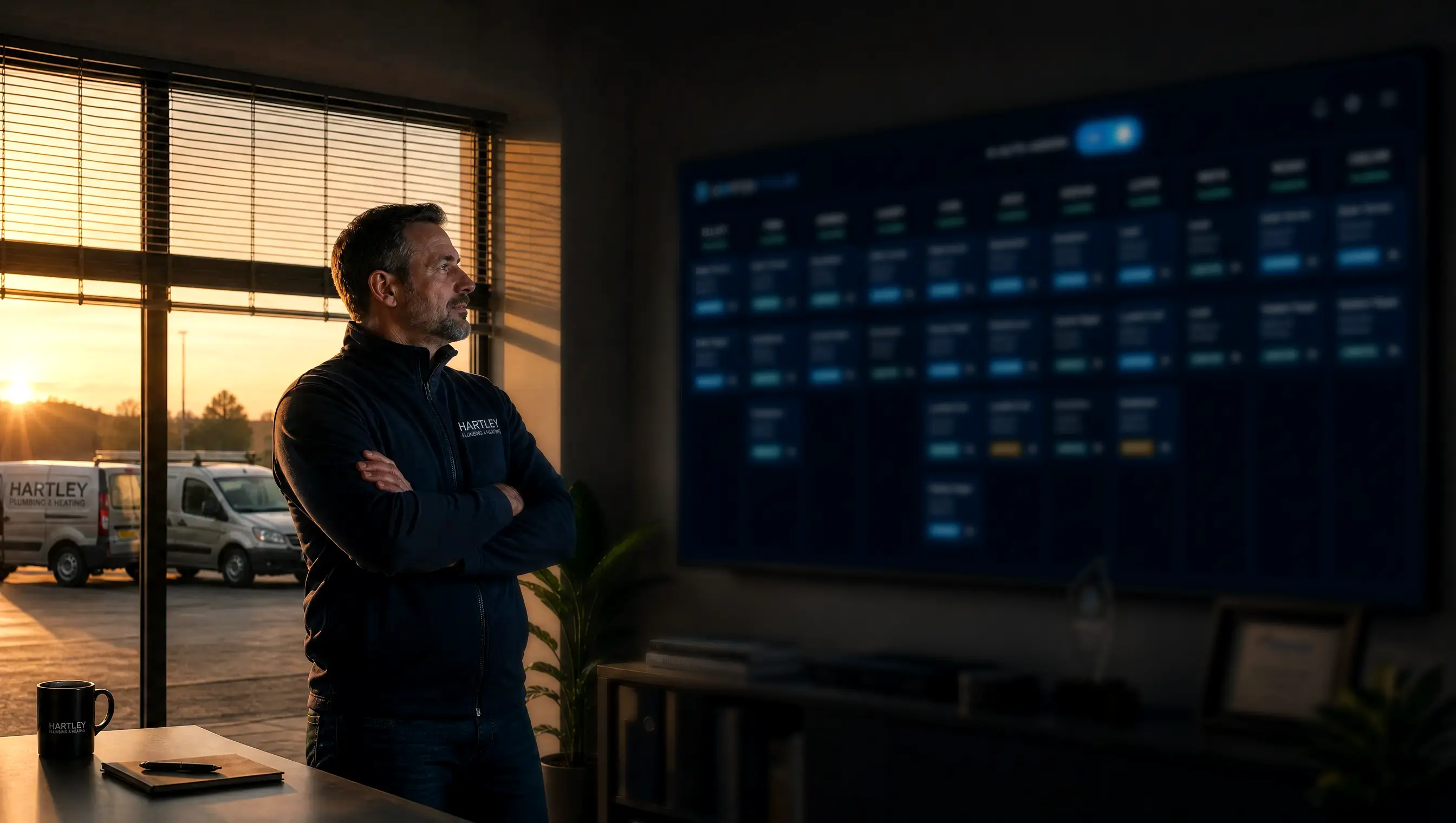An owner watching his dispatch board at first light, the day's work already placed