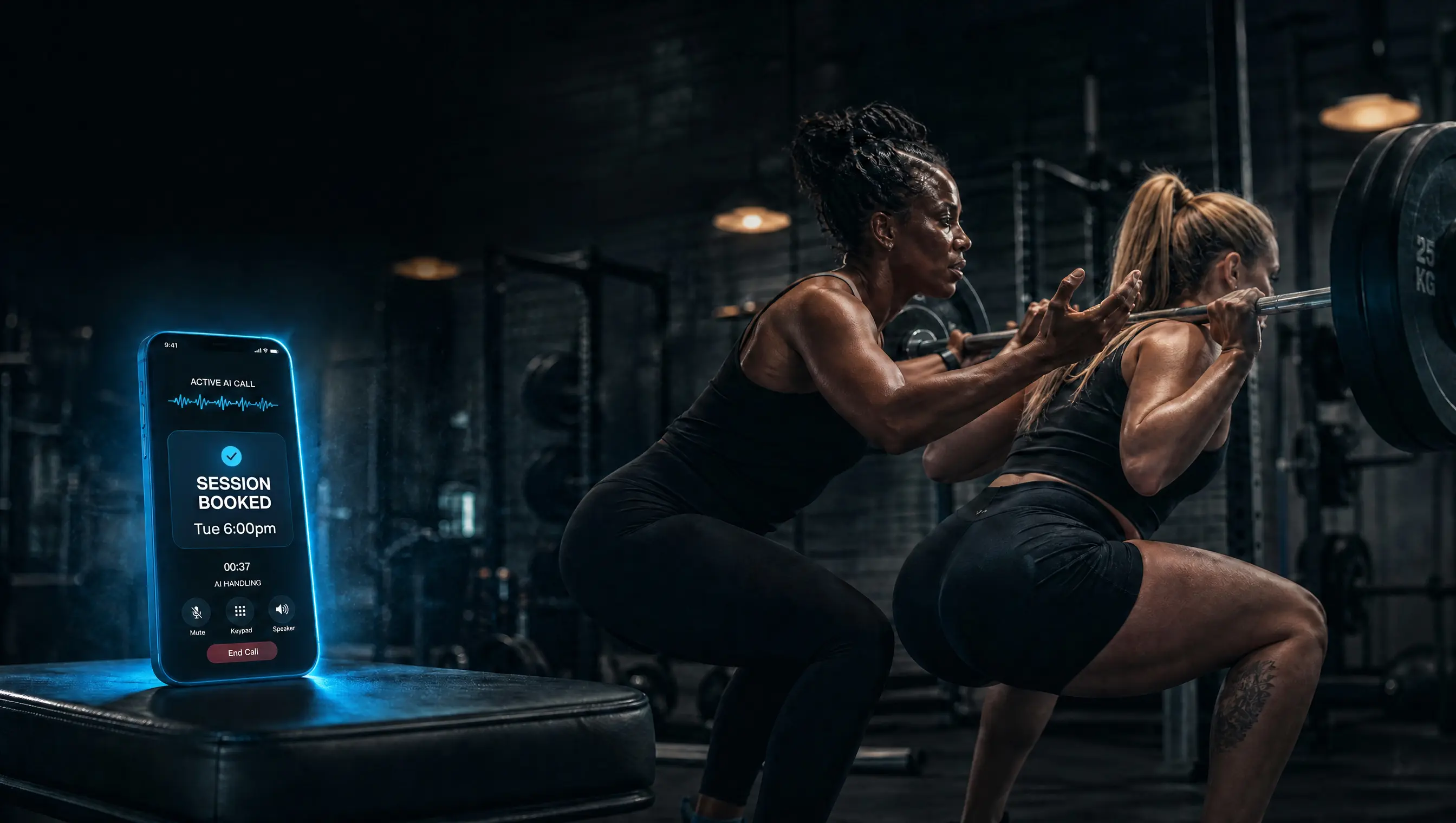 A personal trainer spotting a client mid-squat while Pulse takes a call and books a session on the phone beside them
