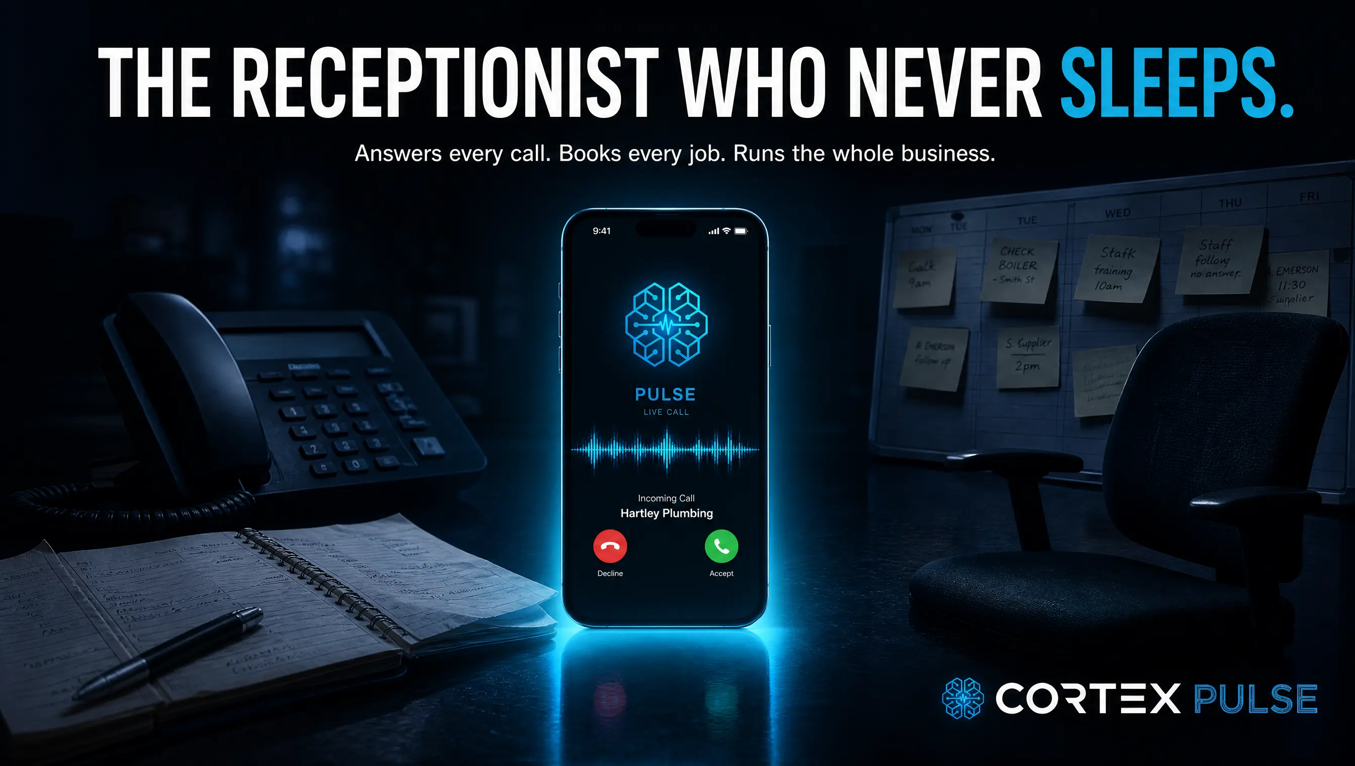 An incoming call answered by Pulse beside a paper diary and a whiteboard of sticky notes