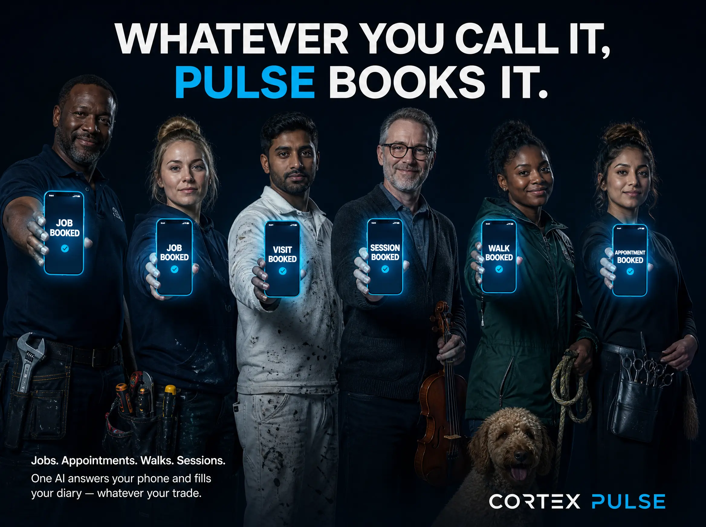 Six trades — plumber, electrician, decorator, music teacher, dog walker and stylist — each holding a phone showing a booking confirmed by Pulse